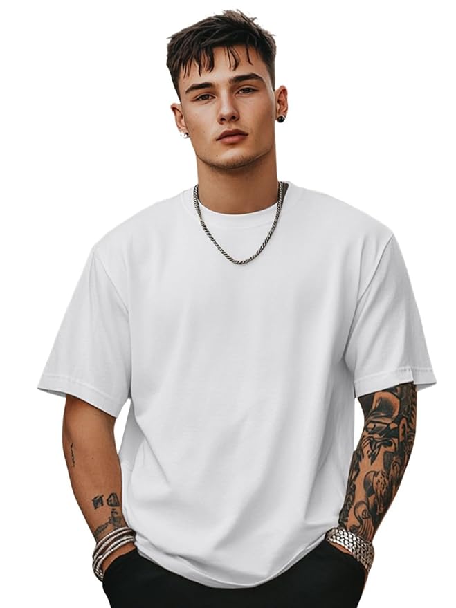 Veirdo® Oversized Baggy Fit Drop Shoulder Half Sleeves Round Neck Solid Pure 100% Cotton T-Shirt for Men Clothing T-Shirts