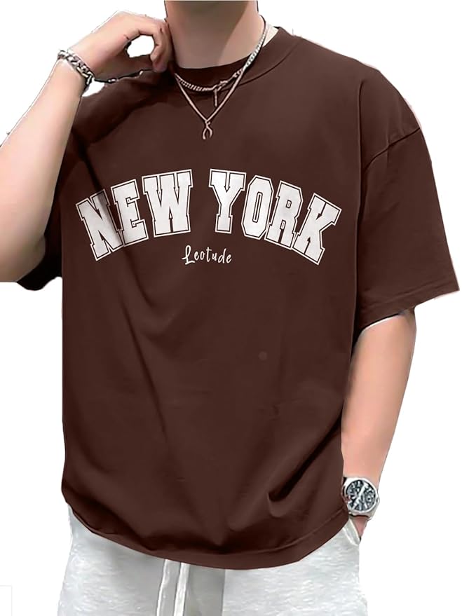 Cotton-Blend Oversized Shoulder T-Shirt (Brown) Clothing T-Shirts