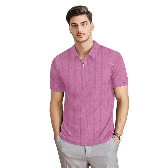 KAJARU Men's Polyster Lycra Regular Fit T-Shirt with Half Sleeve Chain Polo Collar V-Neck Standard Length and Classic Style