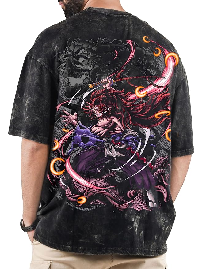 Unisex Anime Oversized Stone Washed T-Shirt for Men & Women, 220 GSM Upper Moon One Printed Drop Shoulder Anime T-Shirt
