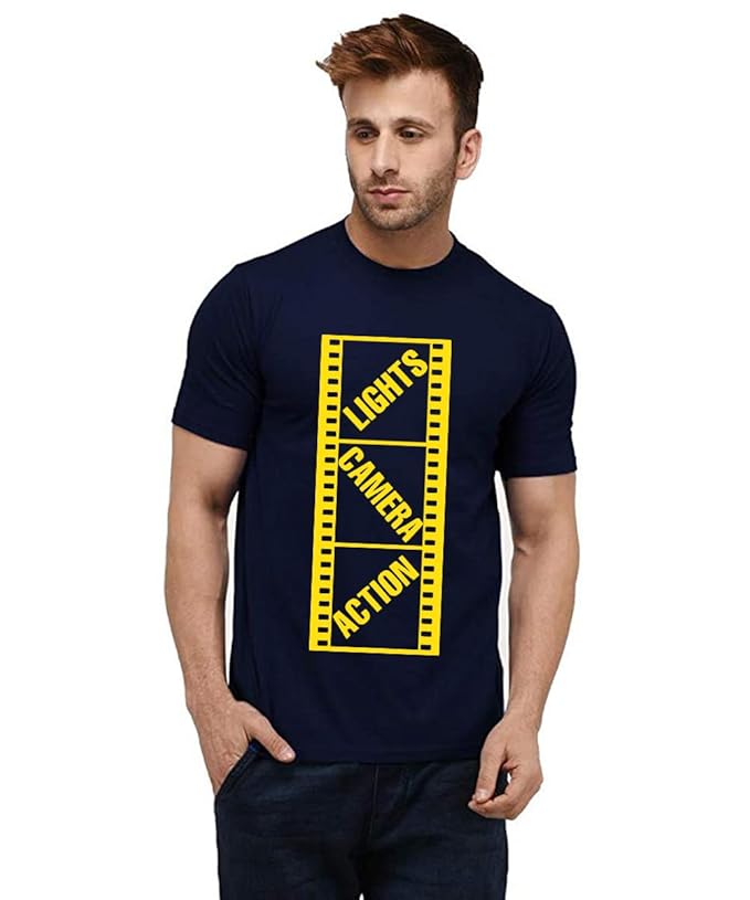 Caseria Men's Cotton Printed T-Shirt -Lights Camera Action Reel | 100% Cotton | Half Sleeves | Regular Fit | Printed | Round Neck | Graphic T Shirt