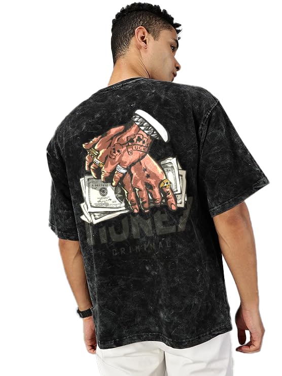 Bee-Fits Cotton Dollar Money Printed Unisex Half Sleeve Dye Wash Oversized Tshirt for Men Drop Shoulder Round Neck Black Pack of 1 Clothing T-Shirts