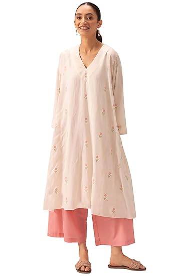 ANNI DESIGNER Pure Cotton Jamdani Choga Kurta Pant Set for Women | Flowy A-Line Kurta with Loose Fit Elasticated Drawstring Pants | Ethnic
