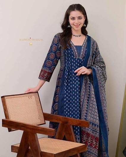HERITAGE & HANDS Women's Cotton Printed A Line Premium Kurti with Pant and Dupatta set (Blue-L) Clothing Kurtis
