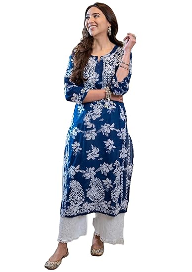 GoSriKi Women's Rayon Blend Chikankari Embroidered Straight Kurta