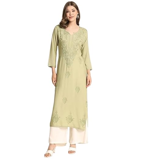 VAIRAGEE Women's Rayon Kurta with Round Neck Lucknowi Chickenkari Work Straight Cut | Kurta for Women Office (1614)