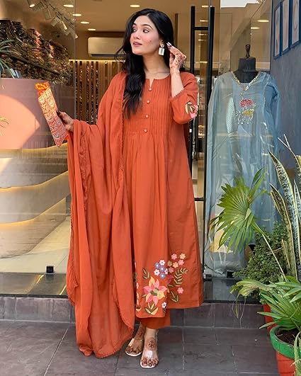 GoSriKi Women's Embroidered Viscose Anarkali Kurta Set with Dupatta - Orange Traditional Festive Clothing Kurtis