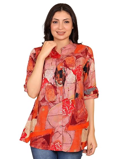 FIMS - Fashion is my style Rayon Abstract Printed Short Kurti for Women, Tunics Tops, Ethnic Wear for Office, Flared, Mandarin Collar V Neck, Roll-Up Sleeves, Summer Wear, Ideal Gift for Girls