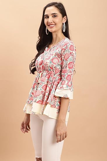 Rajnandini Women's Pure Cotton Jaipuri Printed Short Western Top (JOPLJPR711_Cream) Clothing Kurtis