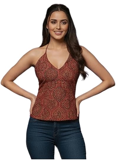 GoSriKi Women's Araha Halter Neck Printed Kurti |Casual Sleeveless Printed Top| Open Back Design|Short Kurti for Girls| Kurti for Women Clothing Kurtis