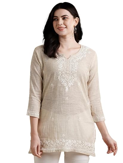 Ada Women's Cotton Straight Fit Straight Hand Embroidered Lucknowi Chikankari Khadi Short Kurti Top A911388 Fawn
