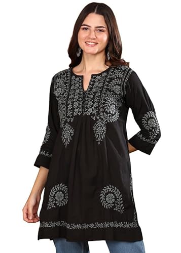 Vahson Hand Embroidered Lucknow Chikankari A-line Black Cotton Kurti for Women Clothing Kurtis