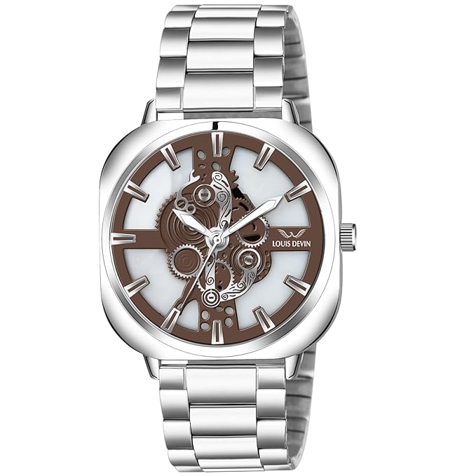 LOUIS DEVIN Stainless Steel Chain Analog Wrist Watch for Men (Black/Blue/Brown/Green/White Dial) | LD-G081-CH Accessories Watches