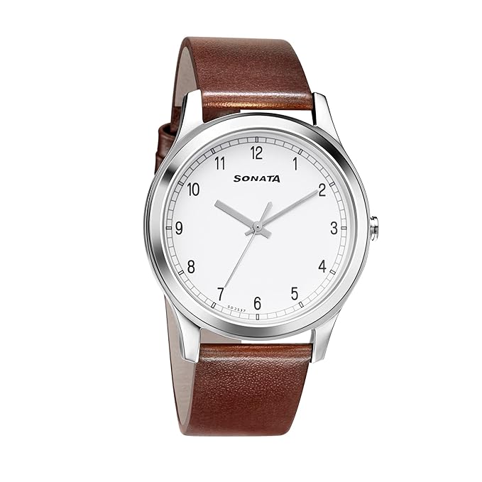 Sonata Quartz Analog White Dial Brown Leather Strap Watch for Men - NT7135SL03 Accessories Watches