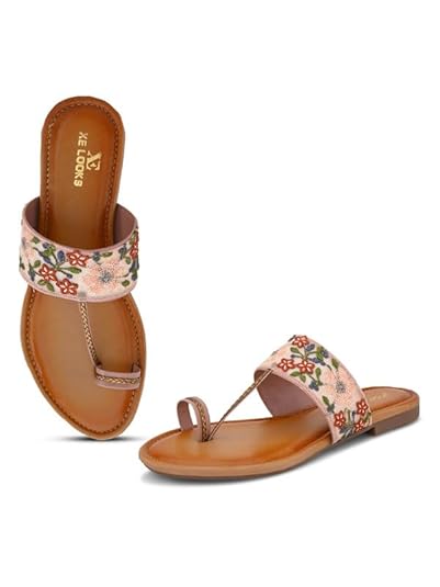 XE Looks Women’s Embroidered Toe-Ring Flats | Elegant Floral Strap Design with Cushioned Footbed | Stylish & Comfortable Ethnic Sandals for Girls & Women