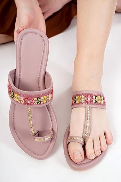 Women's Floral Embroidered Kolhapuri Toe Ring Sandals with Elegant Gold Braid, Traditional Ethnic Style