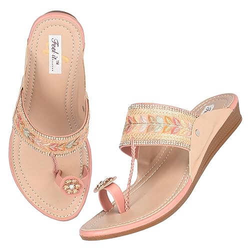 Feel it Women Casual One Toe Flats Sandal, Women's Embroidered Ethnic Flat Slip on Sandals Slippers