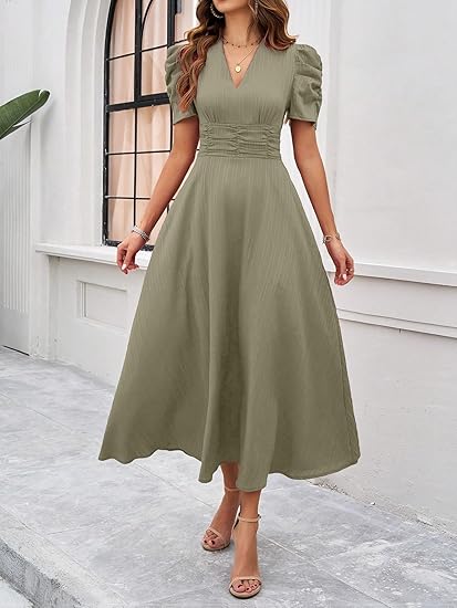 Shasmi Girl's & Women's Solid Color V-Neck A-Line Maxi Dress for Women | New Year Party Outfit | Waist Cinched Puff Sleeve Western Dress | Elegant Casual Wear (Dress 246)