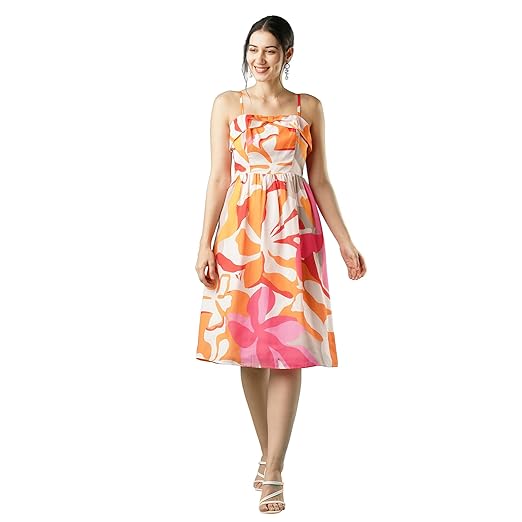 Globus Women Floral Print Square Neck Shoulder Straps Bow Design Panelled Fit & Flare Midi Dress Clothing Dresses