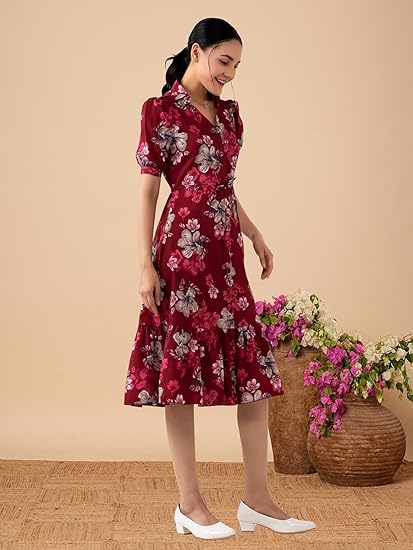 KUDUZO Floral Print Midi Dress, V-Neck, Puff Sleeves, Black with Pink and Grey Flowers, Ruffle Hem