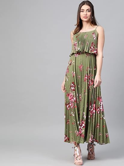 Sassafras Women Floral Strappy Pleated Maxi Dress