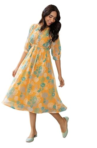 Janasya Women's Fit and Flare Midi Dobby Georgette Floral Printed Flared Dress Clothing Dresses