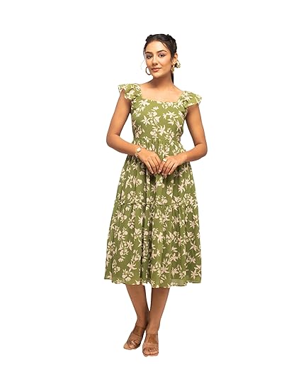FIORRA Women's Fit And Flare Knee Length Georgette Floral Printed Below The Knee Dress