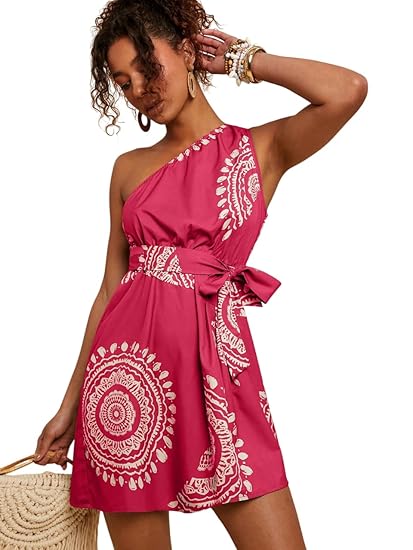 KATECLO Women’s One-Shoulder Boho Print Mini Dress – Summer Sleeveless A-Line Sundress with Waist Tie, Casual Vacation Beach Party Outfit Clothing Dresses