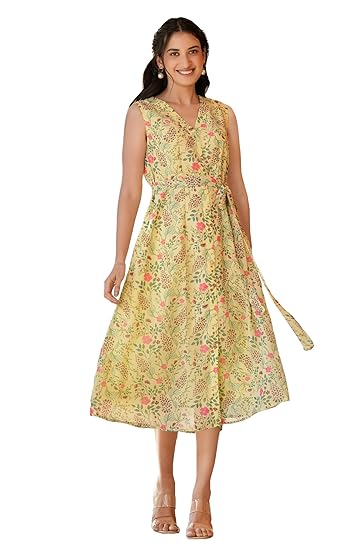 Janasya Women's Green Georgette Floral Printed A-line Dress Clothing Dresses
