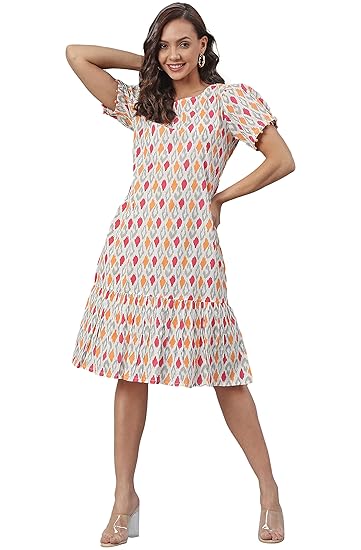 Janasya Women's Cotton Printed A-Line Western Knee-Length Dress Clothing Dresses