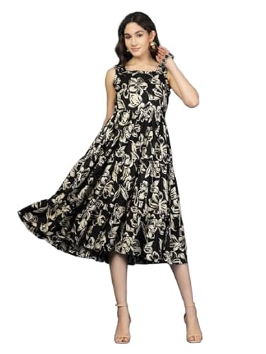Daevish New Rayon Floral Printed Flared Midi Dress for Women | Women Calf Length Dress