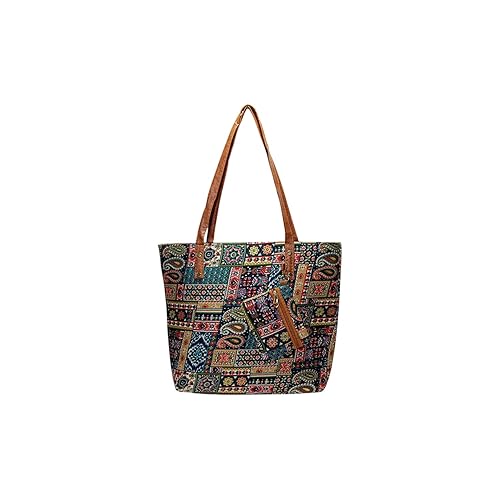 Women’s Stylish Tote Bag with Embroidery Print, Leather Handles & Multiple Zip Pockets | Big Size Handbag for Women | Office, College & Travel Tote Bag (32x30x8 cm)