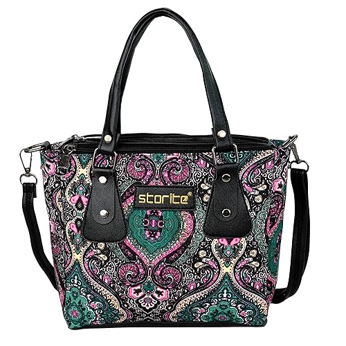 Storite Women's Handbag – Stylish Printed Fabric Shoulder Tote Bag with Zipper – Black, Pink & Teal(Multicolor)
