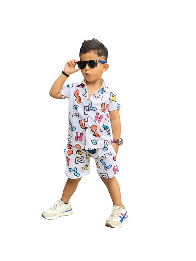 Tini Mini Kids ABCD Print Cotton Lycra Collar Shirt & Shorts Set | 1-8 Years | Half Sleeve Summer Outfit – 4 Color Options Clothing Shirts