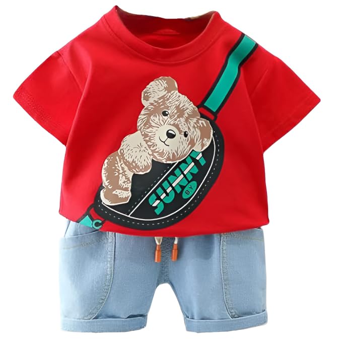 Googo Gaaga Boy's Cotton Printed T-shirt with Denim Shorts Set in Red Color