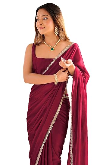 SHOPAZ Ready To Wear Saree For Women Maroon Georgette One Minute Readymade Stitched Scalloped Border With Unstitched Blouse