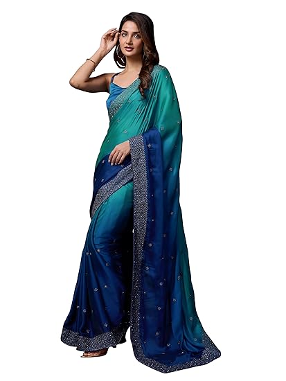 TRENDMALLS Women's Rangoli Silk Embroidery Siroski Work Double Shade Saree with Blouse Piece Clothing Sarees