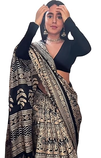 EthnicJunction Women's Art Silk Kalamkari Print Saree With Blouse Piece Clothing Sarees