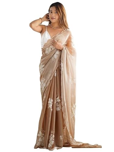 Flosive Women's Shimmer Organza Sequence Embroidery Saree With Unstitched Blouse Piece