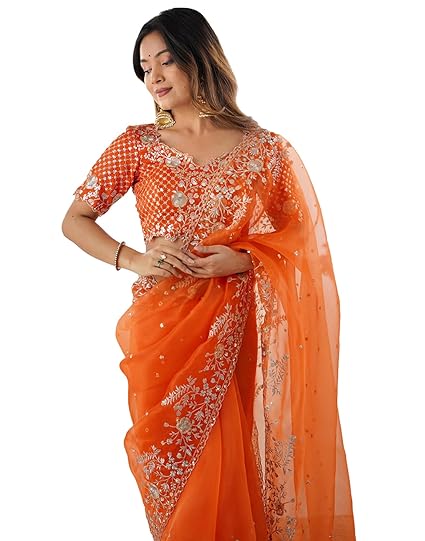 SIRIL Women's Organza Sequence Embroidery Saree With Unstitched Blouse Piece