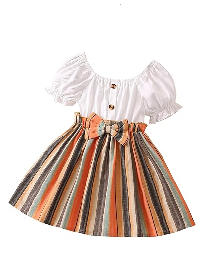 TAGAS Toddler Girls Striped Print Puff Sleeve Bow Front Dress || Stripe Pattern Dress for Kids || A Line Dress || Puff Sleeve Dress for Kids || Casual Dress (KD-202) Clothing Dresses