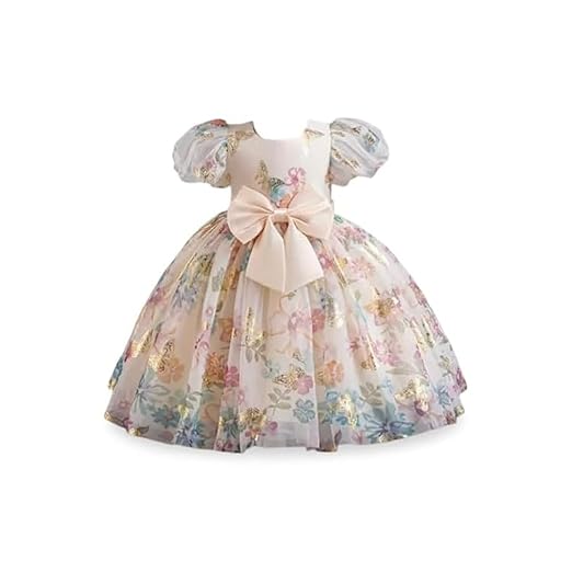 Niren Enterprise Baby Girls Fit And Flare Knee Length Gold Foil Butterfly Puff Sleeve Bowknot Princess Gown Dress for Special Occasions Clothing Dresses