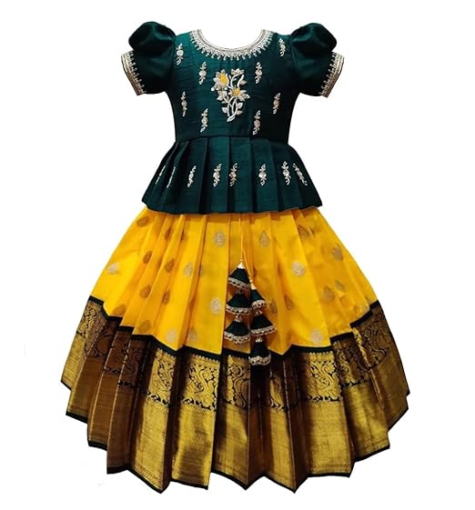 White Button Girls Jacquard New South Indian Traditional Pattu Pavadai Jecquard Readymade Lehenga Choli Clothing Dresses