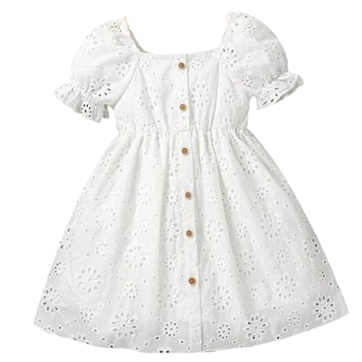 Niren Enterprise Girl's A-Line Knee Length Cotton Eyelet Embroide Dress with Puff Sleeves, Floral Pattern, and Square Neckline Clothing Dresses
