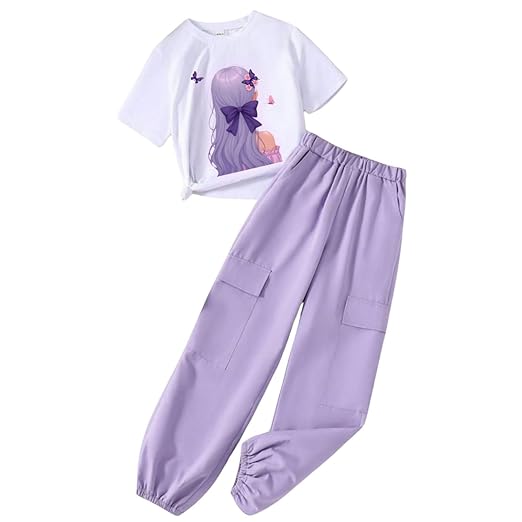 Girls' Cotton Blend Stylish Printed T-Shirt & Comfortable Cargo Joggers Set Clothing Dresses