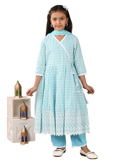 Girls' Chikankari Kurti Embroidered Anarkali Gown Dress, 3/4 Sleeves
