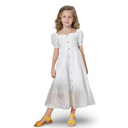 Niren Enterprise Girl's Fit And Flare Knee Length Eyelet Cotton Square Neck Puff Sleeves Dress