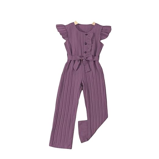 Niren Enterprise Stylish Girls' Pleated Jumpsuit with Ruffle Sleeves, Button-Down Front, and Waist Belt - Comfortable Casual Outfit for Kids Clothing Dresses