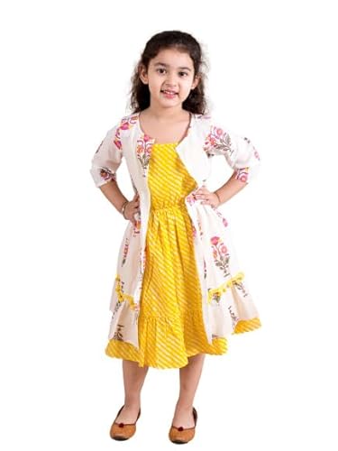 Pspeaches Girls Yellow Striped Cotton Midi Dress With Printed Shrug (Yellow) Clothing Dresses