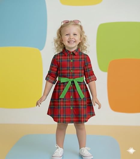 A.T.U.N. (ALL THINGS UBER NICE) Girls Cotton Check Shirt Dress | Smart Collar Neck Button Front Style with Belt | Stylish Checked Cotton Kids Dress Clothing Dresses